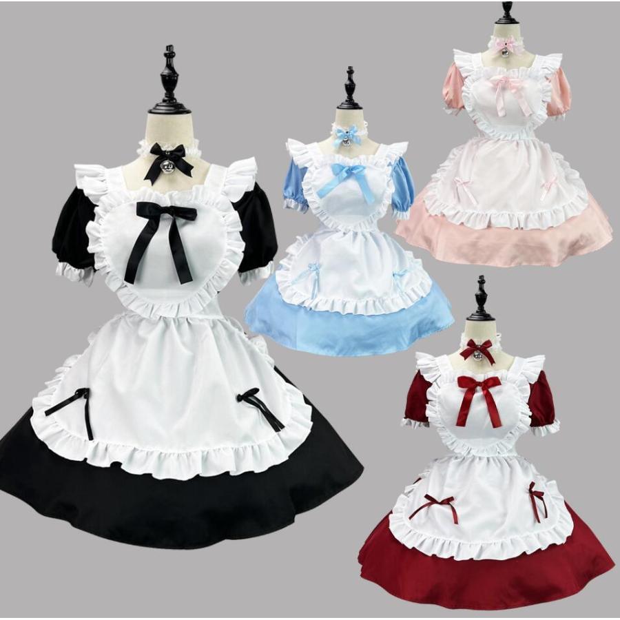 【大人気】ロリータ ワンピース ミニ cosplay リボン 超可愛い レディース メイド コスプレ 豪華セット メイド服 カワイイ メイドカフェー こすぷれ コス 6点セット コ