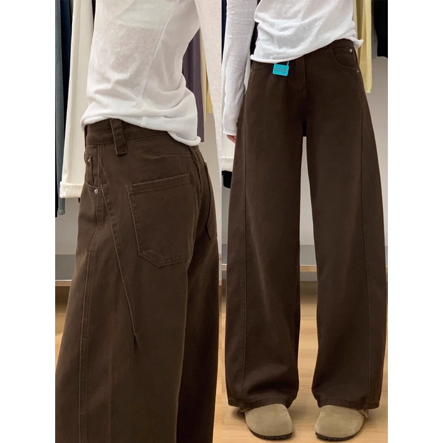 女性用のブラウンのスロープパンツ洋ナシ型の体型に合うストレート レッグ ジーンズプラス サイズ春と秋用の超スリムなワイド レッグ パンツ