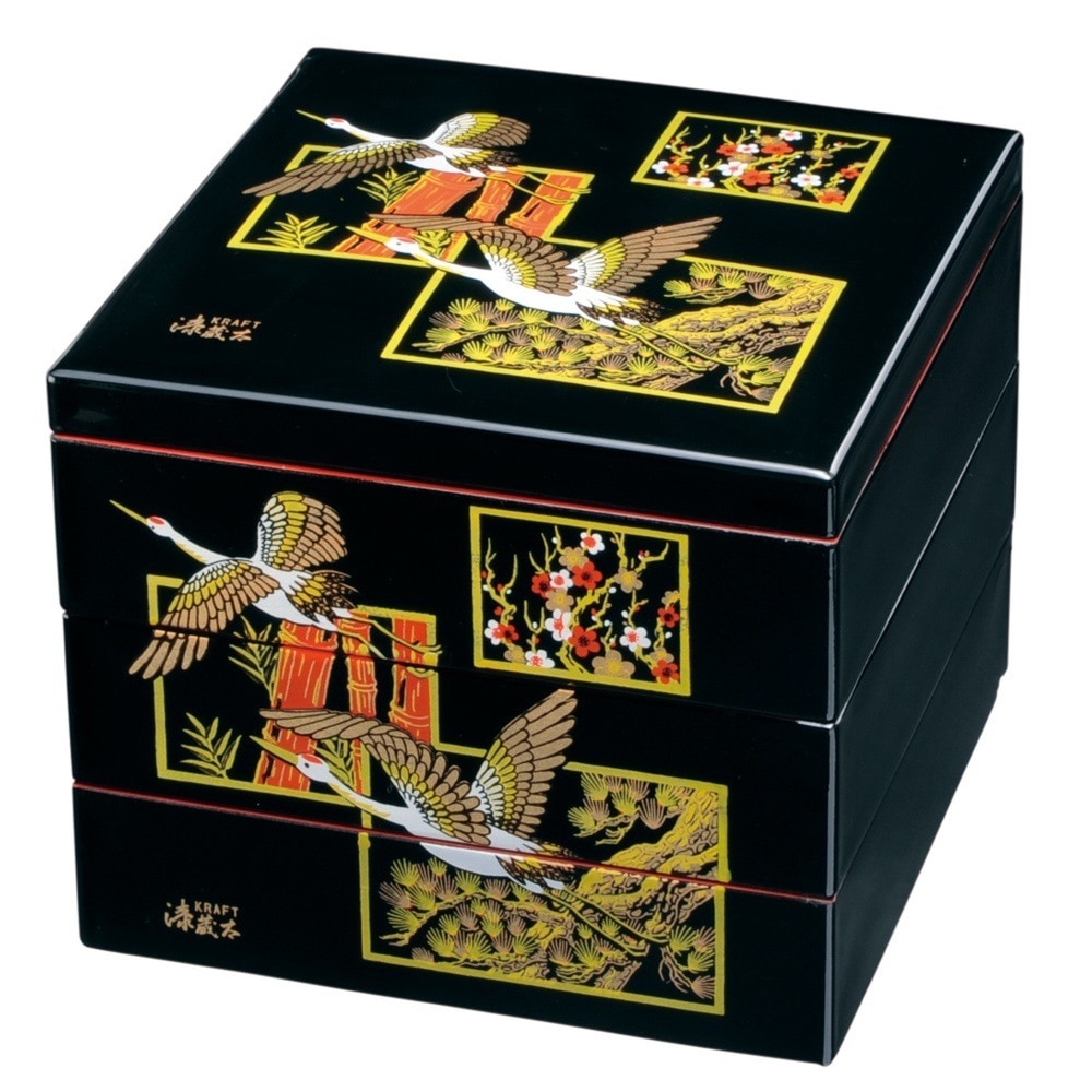 紀州塗り　７寸　三段　重箱　黒内朱　吉兆鶴 7,977円