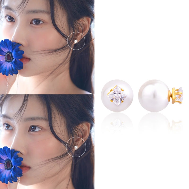 [カンヘウォン着用] キュービック真珠レイヤードポストイヤリング/韓国女性アクセサリー/韓国ファッションスタイル/SNS人気/韓国ジュエリー/芸能人着用アクセサリー/デイリーアイテム/トレンドアクセ