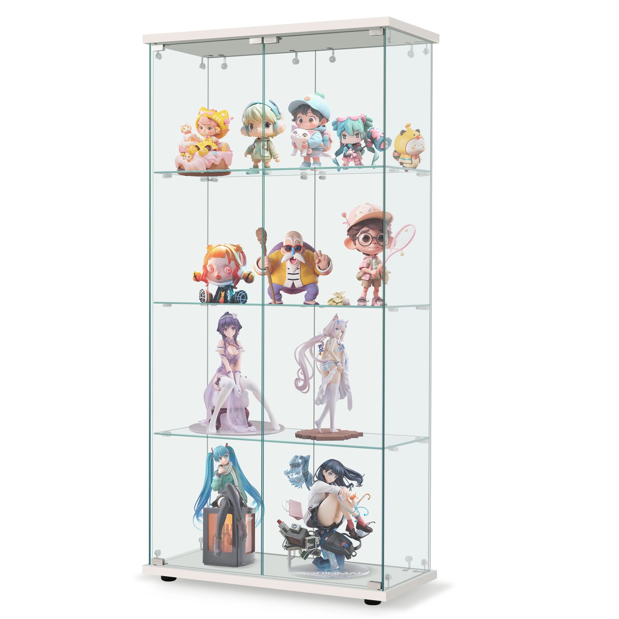 大型 4段 ガラスディスプレイキャビネット 両扉タイプ 全面ガラス フィギュアケース サイズ:幅80.5×奥行36.5×高さ164cm 【国内発送】コレクションケース ワイドタイプ 強化ガラス ホワイ