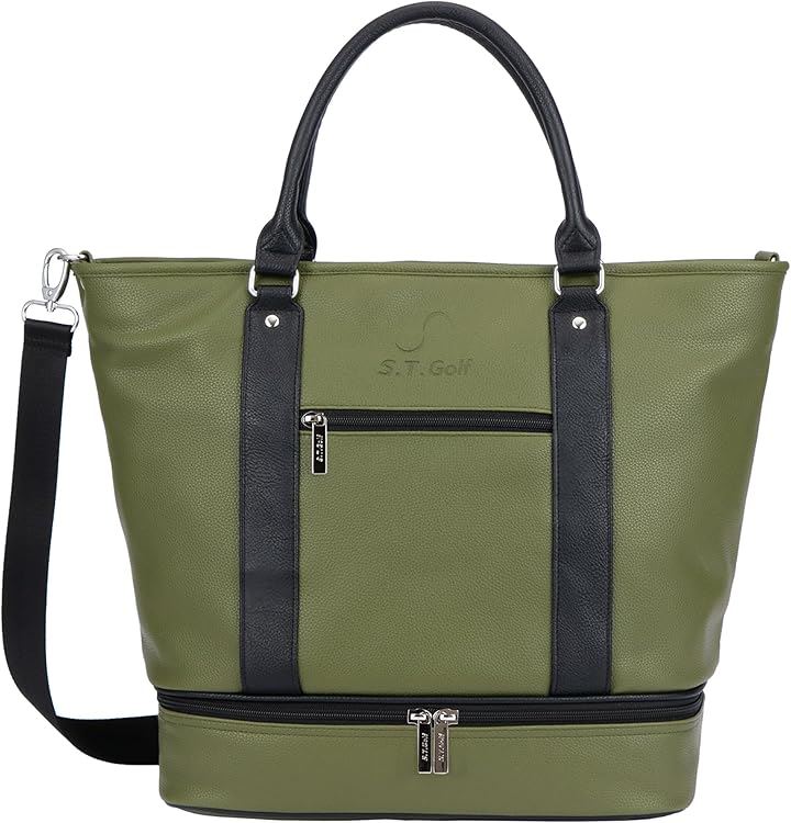 ゴルフ トートバッグ メンズ 高級PUレザー 大容量 シューズ収納可 3WAY 型押しロゴ ショルダーストラップ付属 防水(オリーブグリーン)
