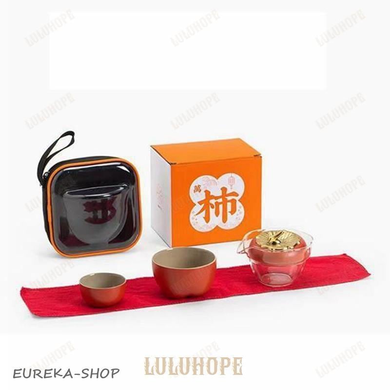携帯用 旅行ティーセット 中国茶器セット 茶器揃 茶皿 柿型 耐熱 コンパクト 軽量 手描き 茶入れ 茶こし付 陶器 急須セット 湯呑み