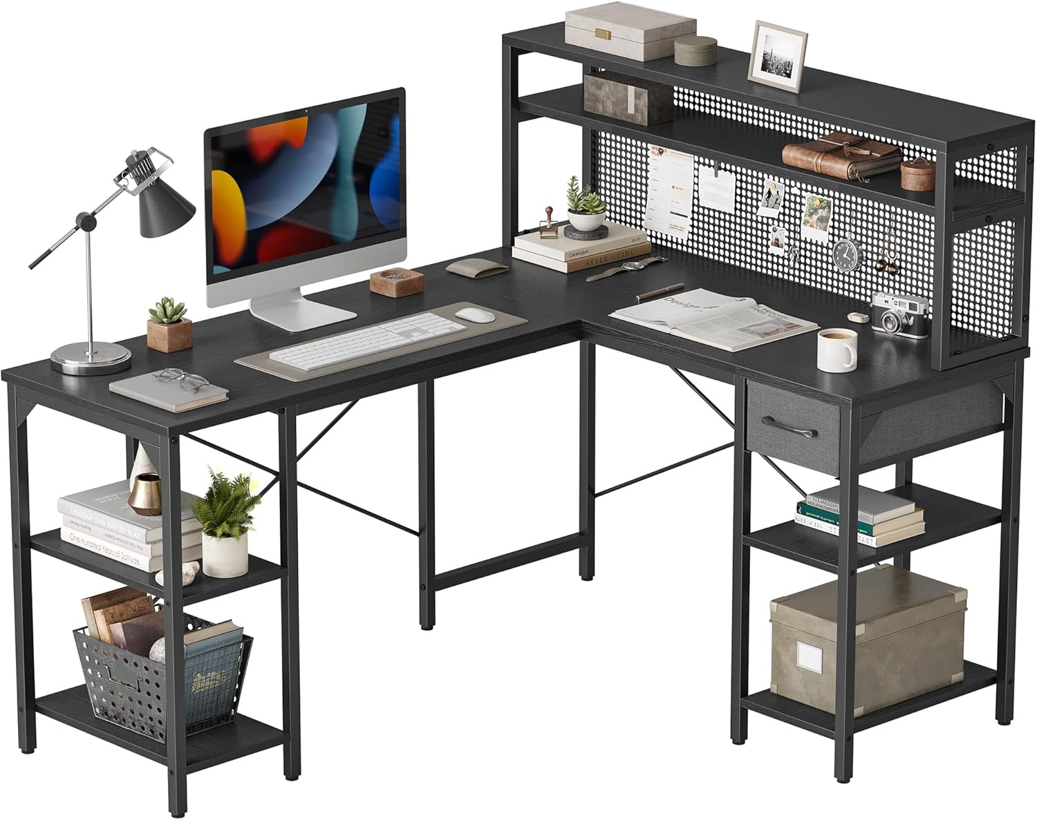 幅150cm 奥行き121cm パソコンデスク オフィス 勉強 作業 学習机コーナーデスク ラック シェルフ付き アイアンメッシュ pcワゴン 収納便利 ワークステーション 在宅勤務 テレワーク ディ