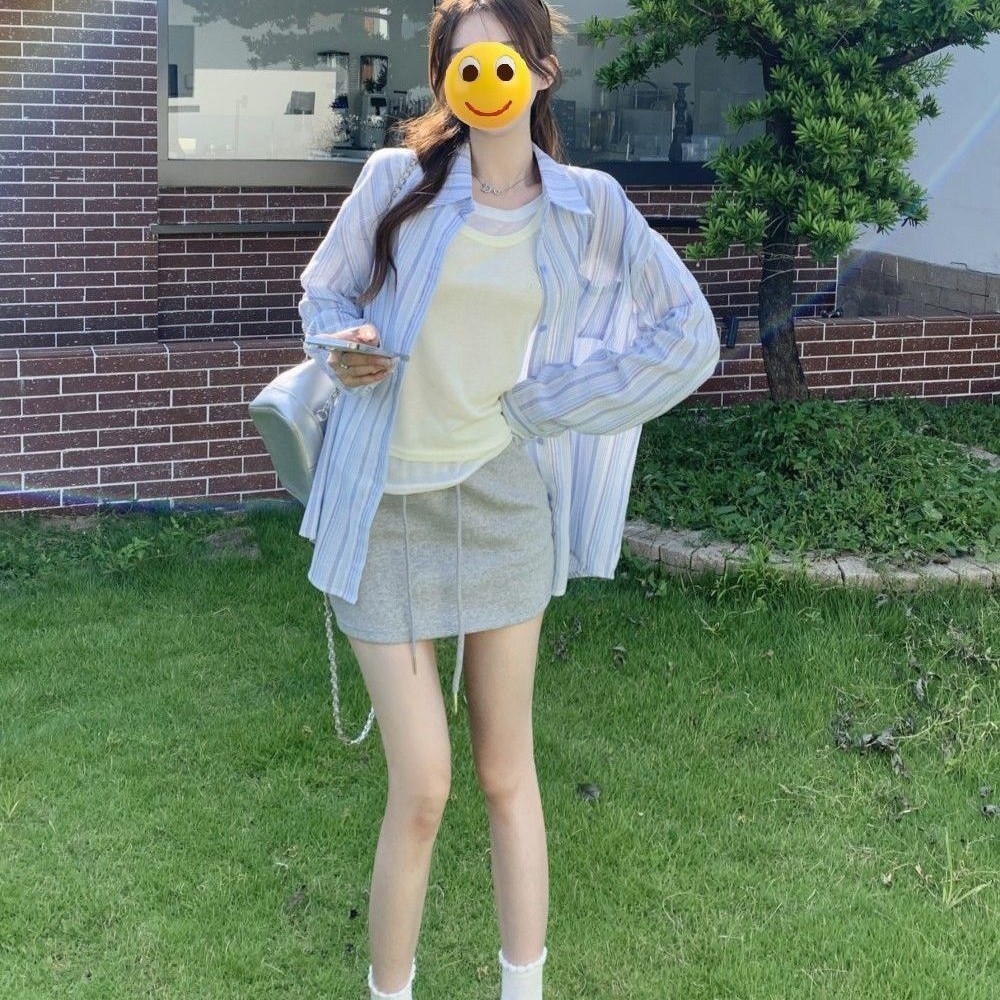 薄手 日焼け止め シャツ トップス レディース デザイン性 ゆったり リラックス 長袖 青 ストライプ カジュアル シャツ702
