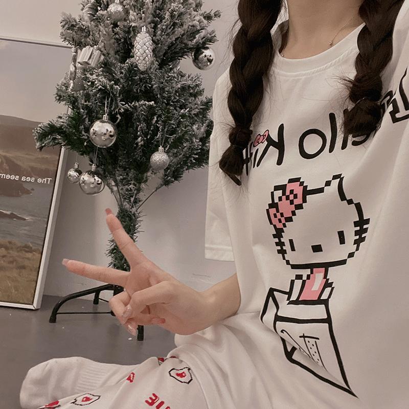 【極速出荷】女性のパジャマの韓国版シンプルでかわいい猫半袖長ズボンセットネット紅風の家庭服薄いタイプ