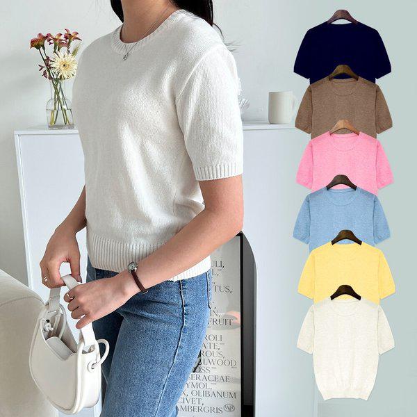 レディースカジュアルラウンドエビジック無地半袖ニットSDW-KNH-SSD230419