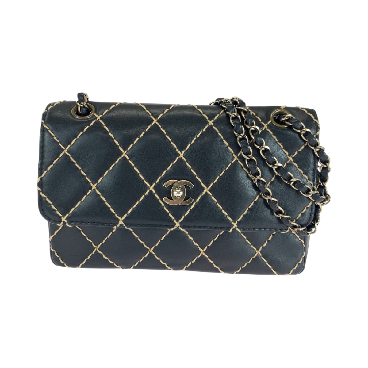 美品 ヴィンテージ ワイルドステッチ ココマーク ターンロック ブラック 黒 ゴールド金具 ラムスキン チェーンショルダーバッグ レディース 501517