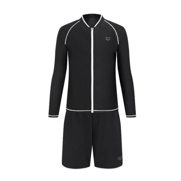 男性ビーチセット ウェービー レギュラーフィット ジップアップ ラッシュガード セット (A6BM1PC01BLK)