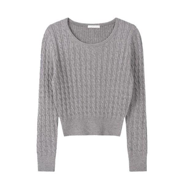 女性シームレスモーダルケーブルUネック長袖ニットTシャツ SGW-KN-Q047-メランジ
