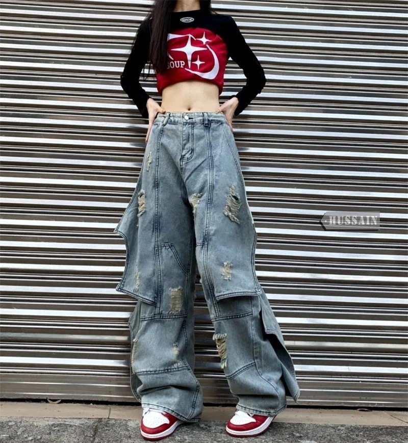 2025春夏 4XL展開 ワイド デニムパンツ ボトムス ストレート パンツ ロゴ ズボン ファッション系加工韓国 レディース カジュアル パッチワーク 学生 スタイルアップ 色っぽ 女っぽ30%まで