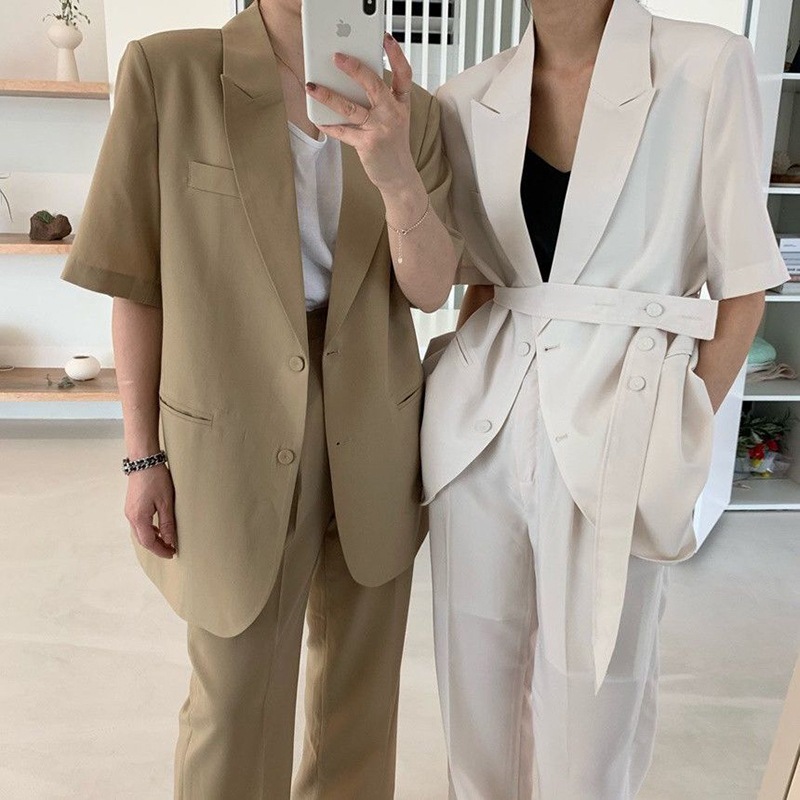 カーキ（M）早めの発送【セットアップ】スーツジャケット+ハイウエストワイドレッグパンツ ルーズ スラックス パンツスーツ ツーピース スーツセット 半袖スーツ 韓国 シック ３カラー