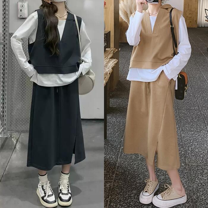 セットアップ レディース スカート Tシャツ ベスト フード スウェット トップス 長袖 3点セット エレガント カジュアル きれいめ フェミニン ミモレ丈 大人 可愛い ナチュラル おしゃれ レイヤ