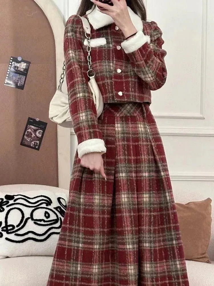 レトロ 長袖アウター+ハイウエスト レディースファッション 2点セット セットアップ プリーツスカート ジャケットロングスカート チェック ショート