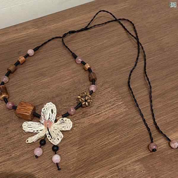 レディースアクセサリーファッションおしゃれ上品大人レディース 中華風 レトロ 立体 かぎ針 編み フラワーネックレス セーター チェーン 編組 木製 ビーズ ネック