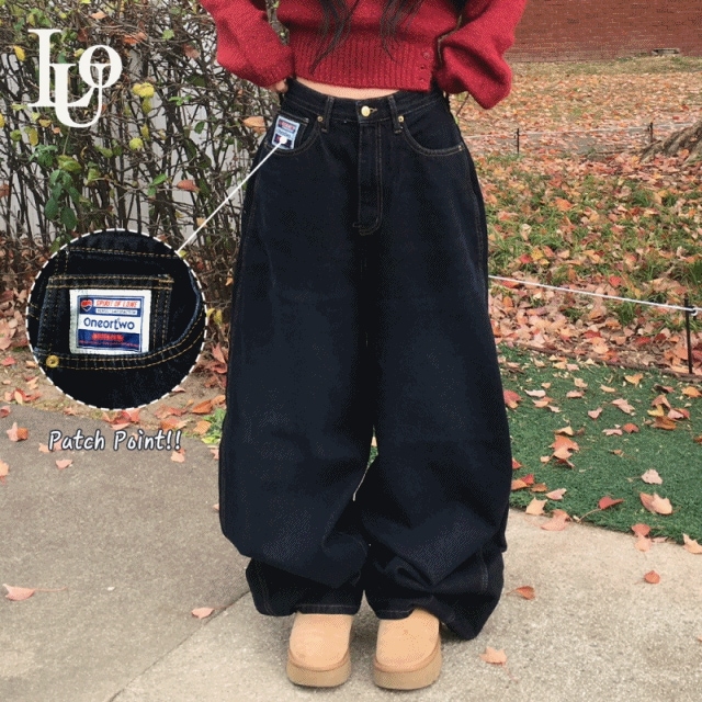 [冬VER/ユニークパッチpoint] フィットウォッシング保障 デニム ワイド ロング パンツ OOTJ
