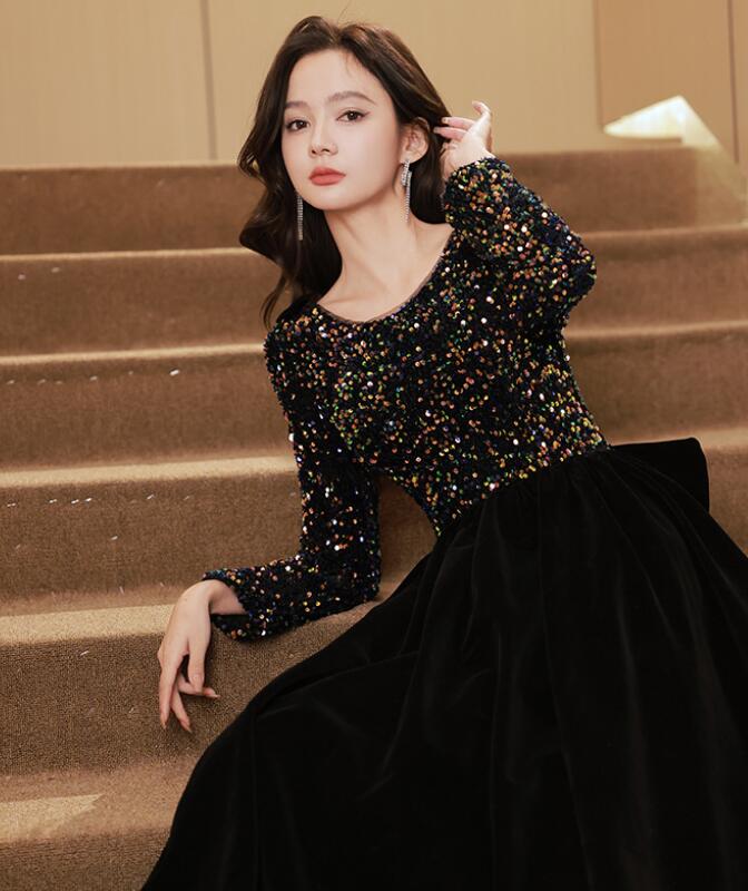 特別仕様レディースドレス 高級感 ブラック スパンコール ロングドレス レディースドレス 長袖ワンピース ロングワンピース Aライン ウェディングドレス パーティードレス 司会 宴会 演出 発表会 二