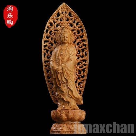 今だけ！透かし背景 数珠 観音像 観音菩薩 立像 木彫り 仏像 置物 仏壇仏像 高級天然ツゲ木彫り 透かし彫り唐草光背 風水 置物 供養品 観音菩薩立像