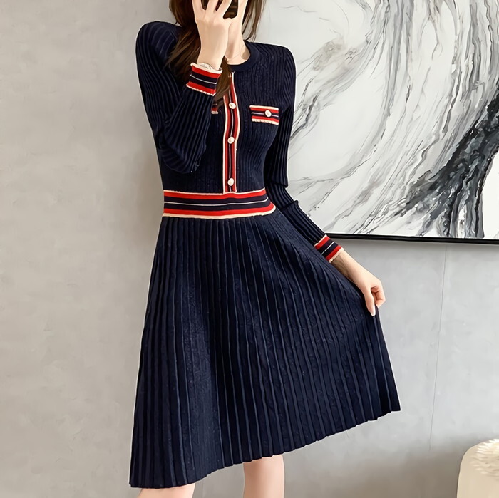 ワンピース ニットワンピース ニットワンピ フレア ハイウエスト 膝丈 ひざ丈 膝下 ミディ丈 長袖 バイカラー 配色 クルーネック 前ボタン フロントボタン ラメ キラキラ きらきら