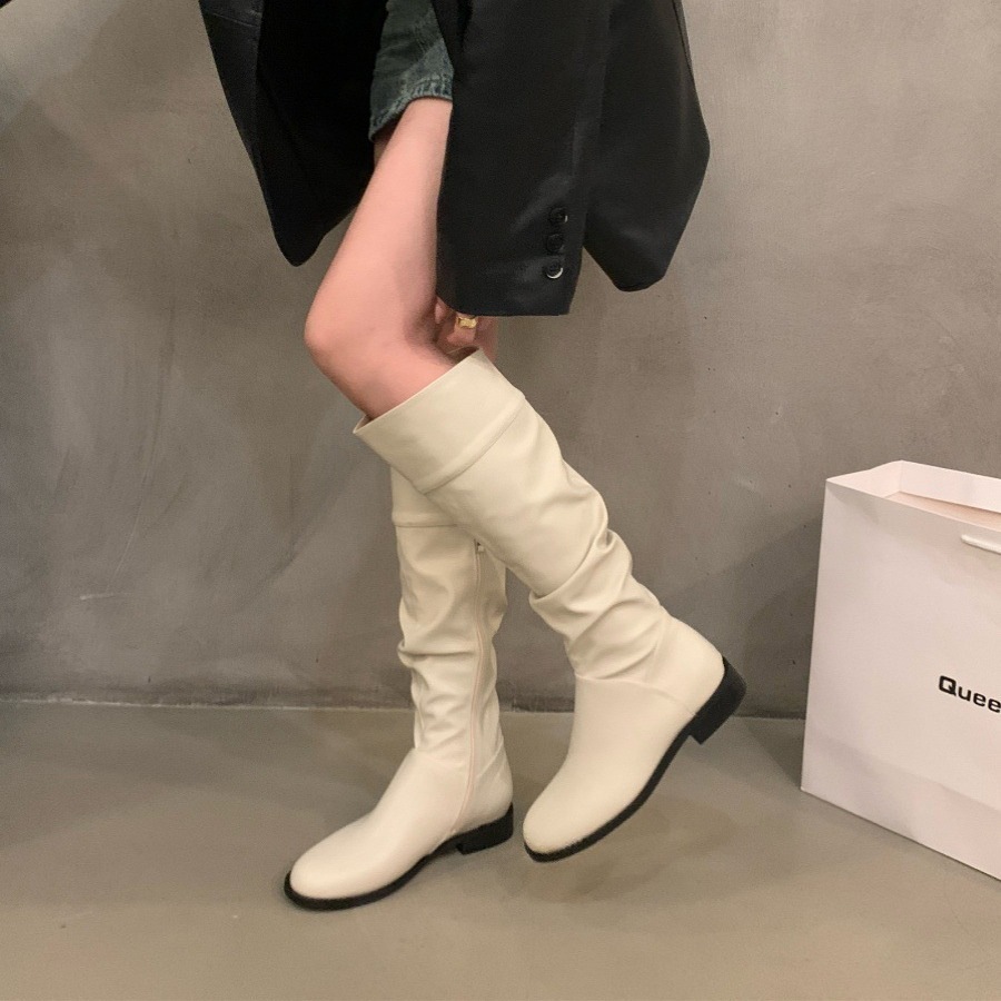 白いパイルのロングナイトブーツ婦人靴2024秋冬平底膝丈以下