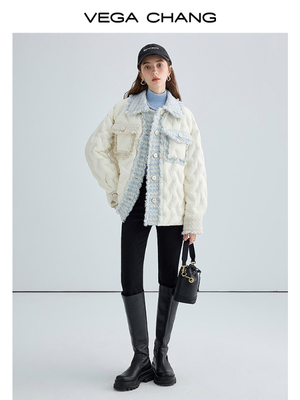 VEGA CHANG 小翔風ダウンジャケット ショート 2025 新作 スモールツイード 暖かいダウンジャケット