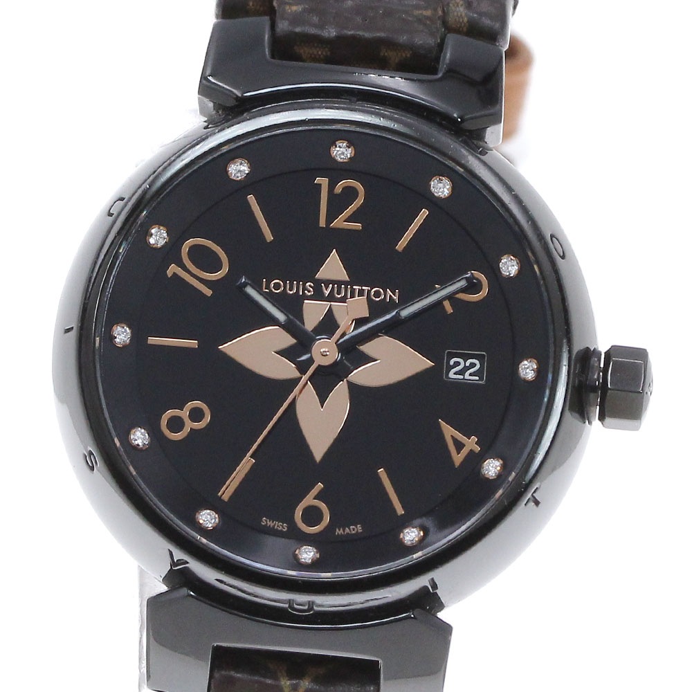 ルイ・ヴィトン LOUIS VUITTON QA047 タンブール オールブラックPM 12Pダイヤモンド クォーツ レディース 箱・保証書付き_849249【中古】