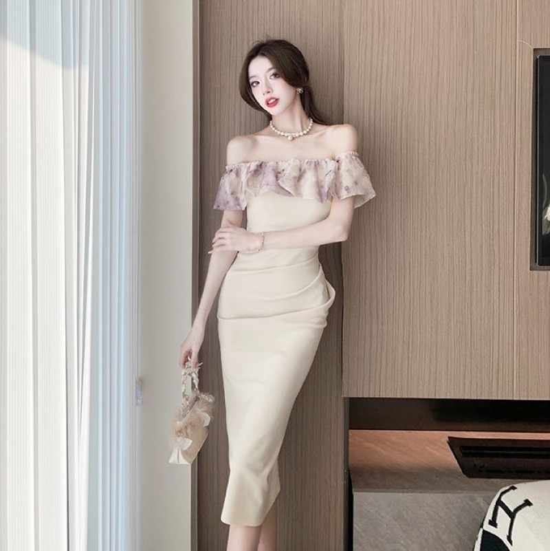 ワンピース パーティードレス 二次会ドレス 膝丈ドレス ワンピドレス セクシードレス オフショルダー フリル バックスリット ハイウエスト きれいめ 大人 上品 おしゃれ お洒落 セクシー レディース