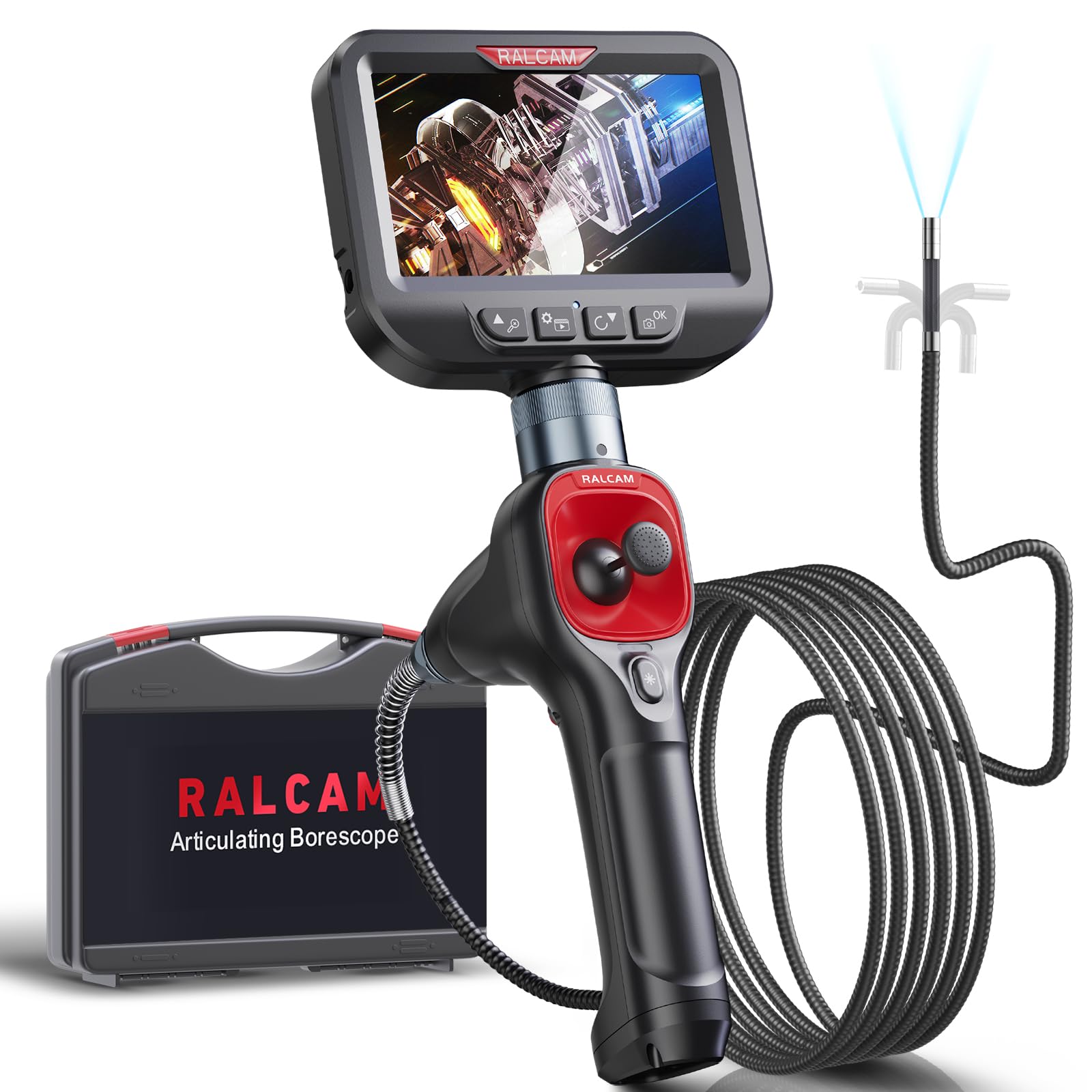 Ralcam先端可動式ファイバースコープ 6.2mm極細いスコープカメラ 4.3インチIPS液晶モニター 検査カメラ IP67防水 配管カメラ 360四方向回転 工業用内視鏡カメラ 高輝度LEDライト
