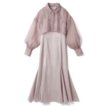 セットアップ ブラウス キャミソールワンピース ミモレ丈 袖あり 長袖 ボリューム袖 ドロップショルダー 萌袖 ラウンドネック 襟付き フレア マーメイド シフォン ファスナー ハイウエスト 前開き