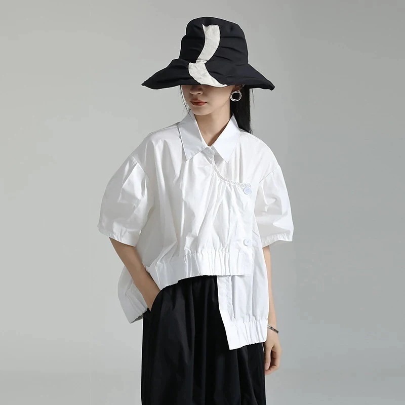 【J.Fashion】 ゴム裾 ブラウス 不規則 シワ風デザイン 夏 半袖 シャツ 皺 レディース おしゃれ 上質 関連商品は店で購入可能 メガ割30%までに制限