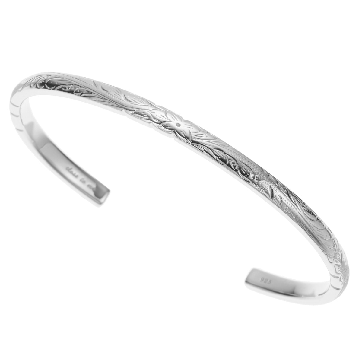 バングル メンズ シルバー925 ハワイアンジュエリー Mサイズ 華奢 細身 プルメリア スクロール