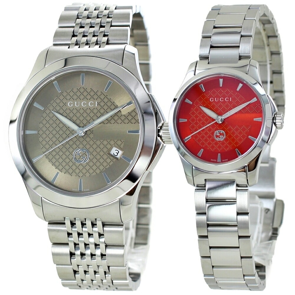 ペアウォッチ グッチ ペア 腕時計 手表 婚約 結婚 記念日 両親 プレゼント 高級時計 GUCCI Gタイムレス メンズ レディース お揃い カップル ペアギフト ブラウン コーラルレッド ブレスレ