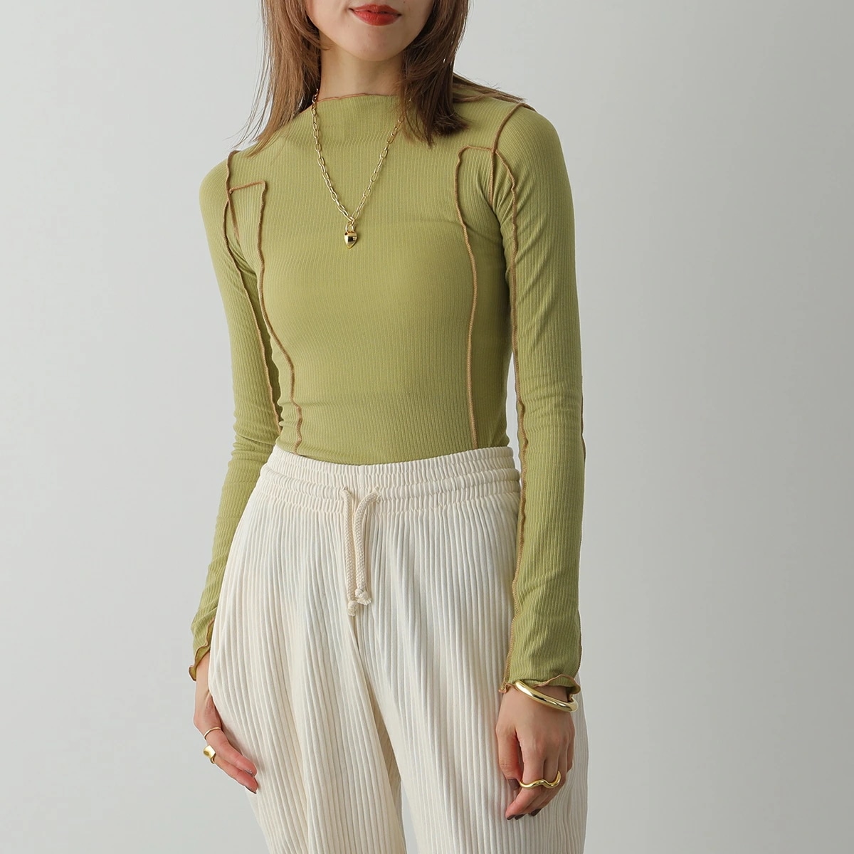 BASERANGE ベースレンジ Tシャツ OMATO LONGSLEEVE TTOL RB AU23 レディース 長袖 カットソー ロンT ボートネック ストレッチ SAGE-GREEN
