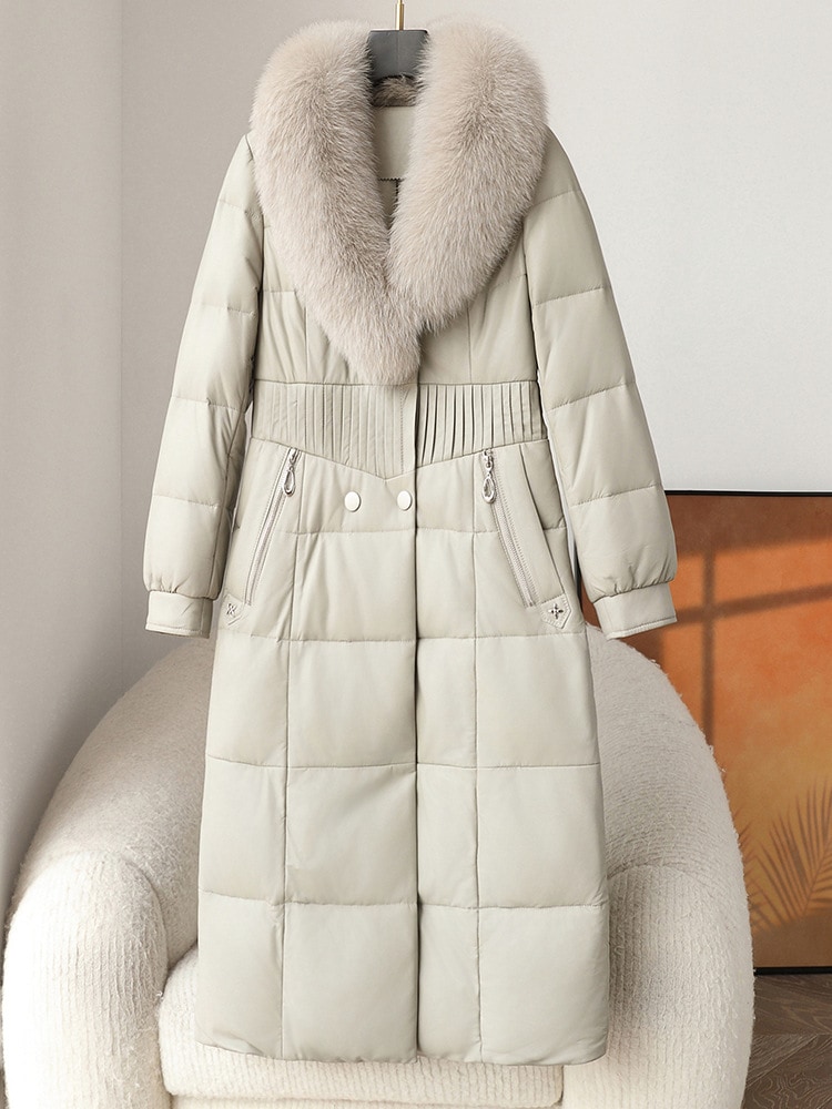 vog-秋冬新作 レディース本革ダウンジャケット 高級キツネファー襟 加厚保温 グースダウン入り