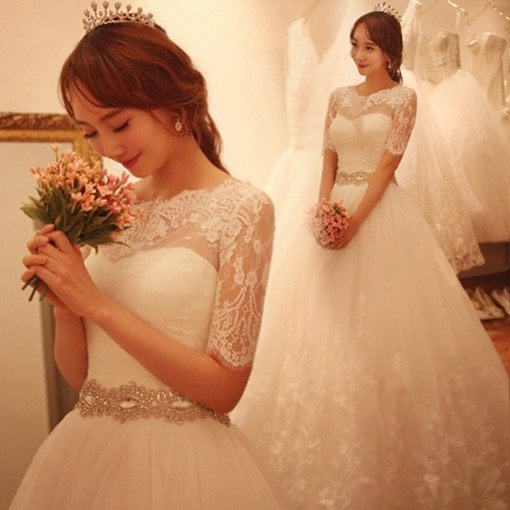 ウエディングドレス エンパイア 二次会 ウェディングドレス 半袖 安い プリンセス 花嫁 ドレス 結婚式 白 披露宴 ロングドレス ブライダル サッシュベルト