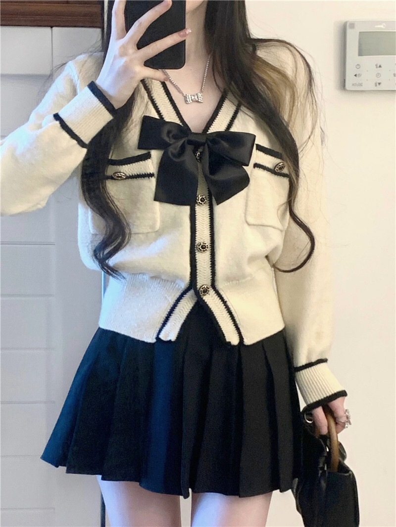 制服風 ツーピース おしゃれ ニット セーター プリーツスカート トップス スカート ニットソー セーター カーディガン ミニスカート ミニ ショート 袖なし 長袖 Vネック 襟なし ふわふわ 前開き