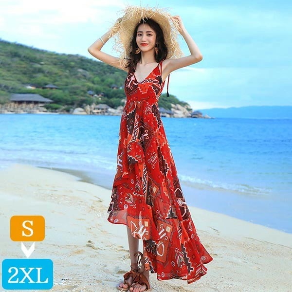 お安く提供ハワイ リゾートワンピース マキシ丈 Vネック ノースリーブ イレギュラー ヘムスカート ヘムスカート 民族風 体型カバー 総柄 夏ワンピ ロングワンピース 沖縄 海外旅行 赤 レディース