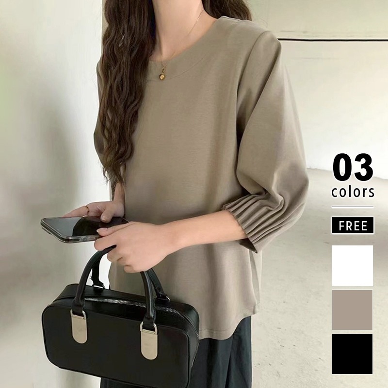 カットソー トップス 七分袖 プリーツ tシャツ レディース Tシャツ ラウンドネック 体型カバー 二の腕カバー プルオーバー ラウンドヘム シンプル プリーツ袖 変形 ギャザー カジュアル きれいめ