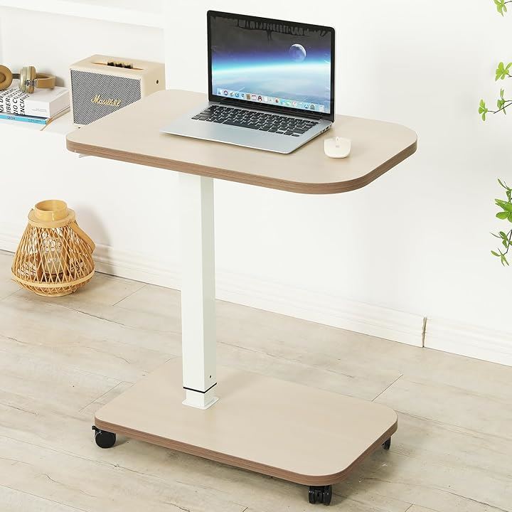 介護用ベッドテーブル 昇降式 空気圧式 デスク 高さ調節可能 71x46cm ライザー オフィスデスク ホームオフィス 集中作業 立ち仕事 高さ72-114cm(カーキ)