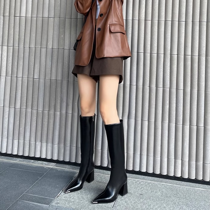レディース ブーツ ロングブーツ ハイヒール 太ヒール チャンキーヒール 7.5cm ポインテッドトゥ 防寒 暖かい 美脚 脚長 サイドジッパー 革 かわいい 大人可愛い きれいめ シンプル 上品