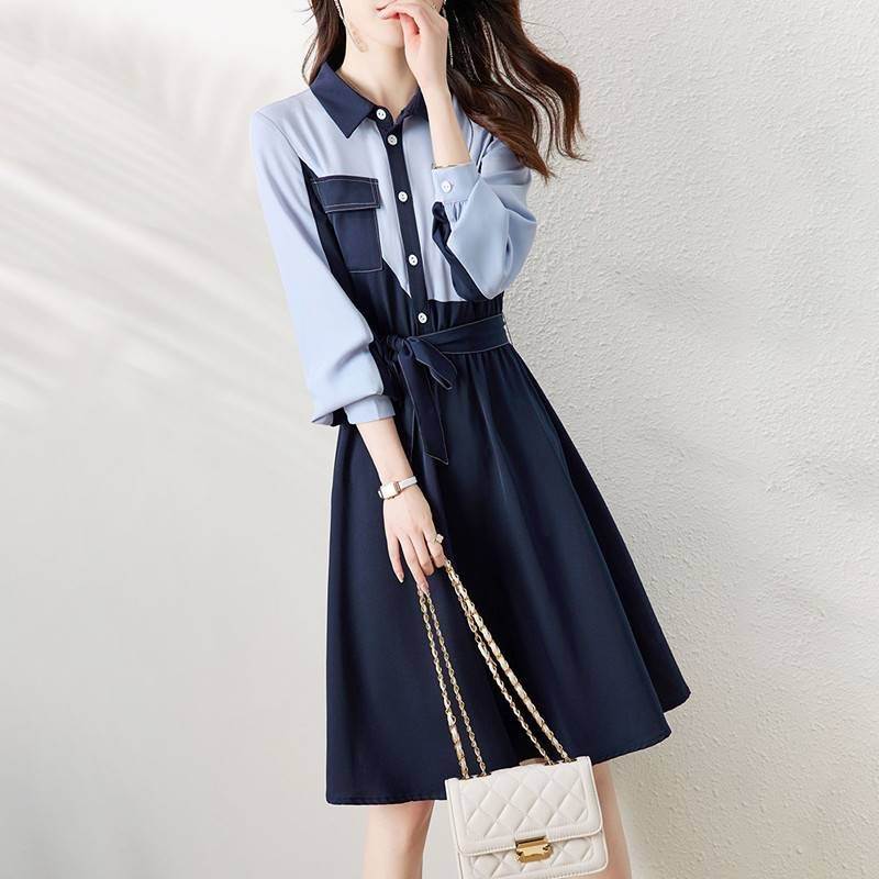 ワンピース シャツワンピース ミモレ丈 袖あり 長袖 襟付き ポロカラー スリム 細身 Aライン