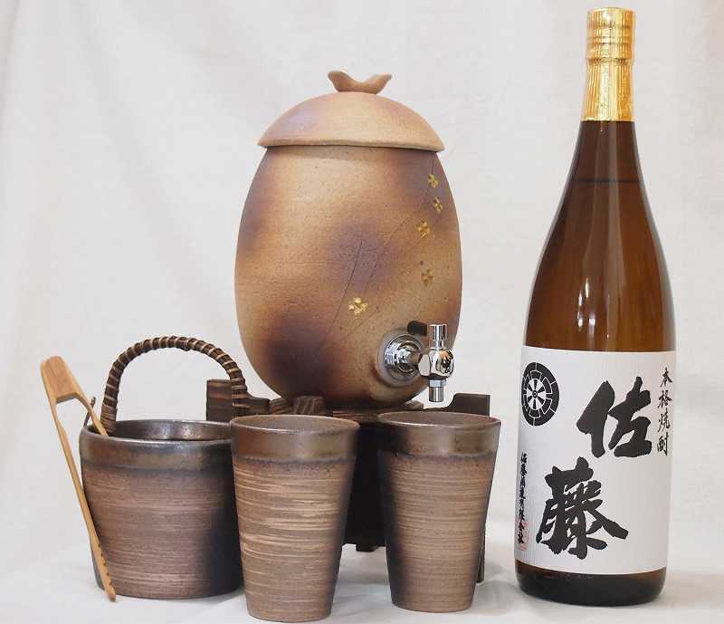 信楽焼明山窯　焼酎サーバー　火色金小紋　2200ｃｃ(滋賀県)+萬古焼備前金彩焼酎ペアカップ 氷
