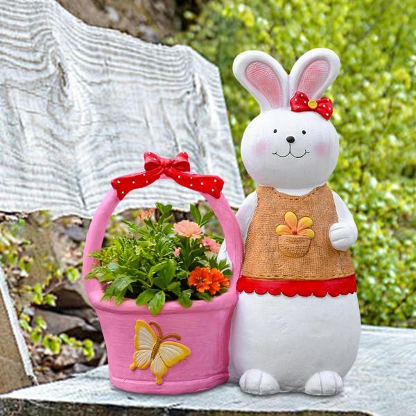 バニープランターポット 屋内屋外植物用 ウサギの置物 庭 ガーデン パティオ用 ピンク