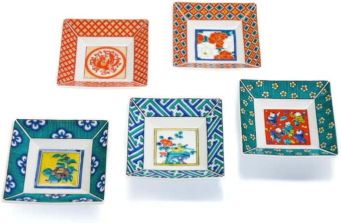 九谷焼 3号 角皿揃 時代画風 青郊窯　小皿セット　5枚