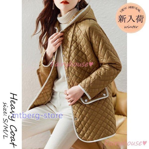 中綿ジャケット レディース 軽量 キルティングコート 中綿ジャケット ミディアム丈 冬服 オシャレ フード付きコート 防寒着 防風 カジュアル オーバー