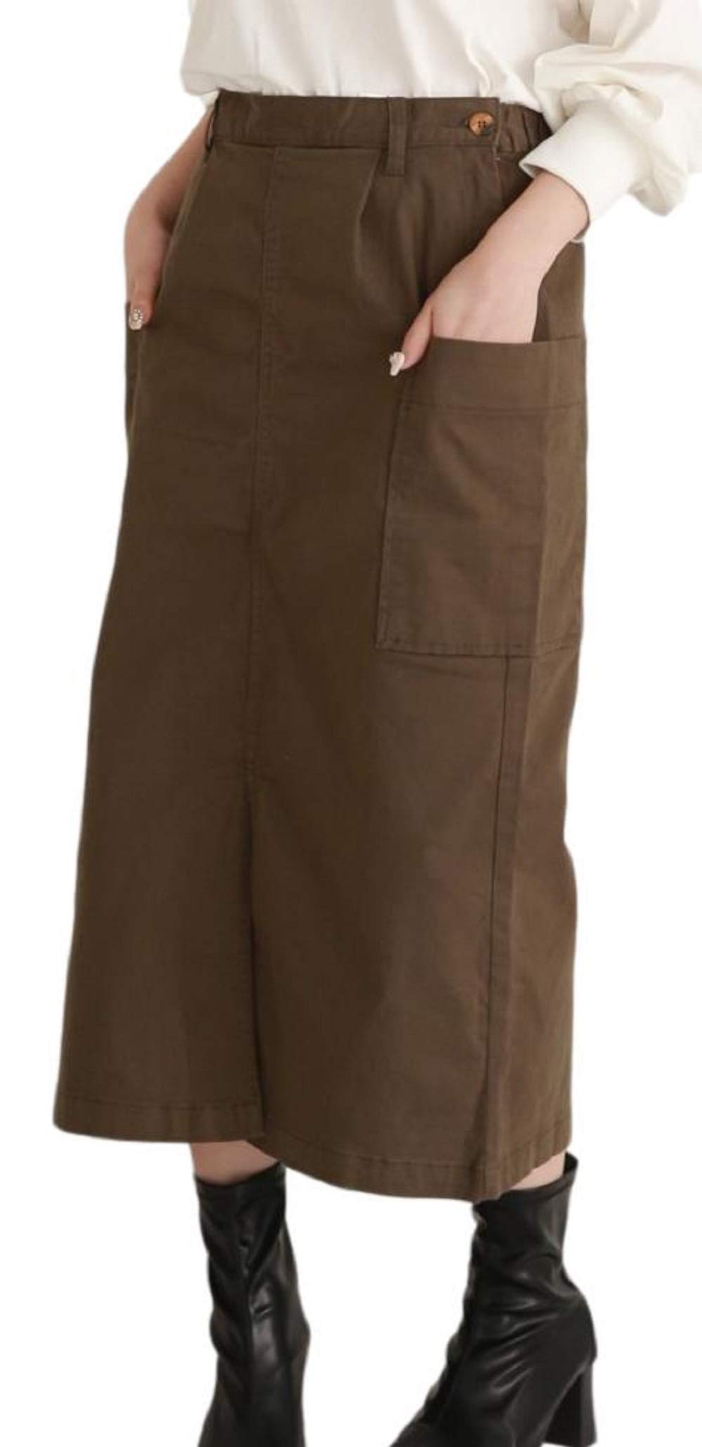 [スリーピングシープ] デニムも追加 大人可愛い ミディ スカート 大きなポケット ＆ 前後スリット入り ストレッチ チノスカート デニムスカート (WC0213-L-カーキ)