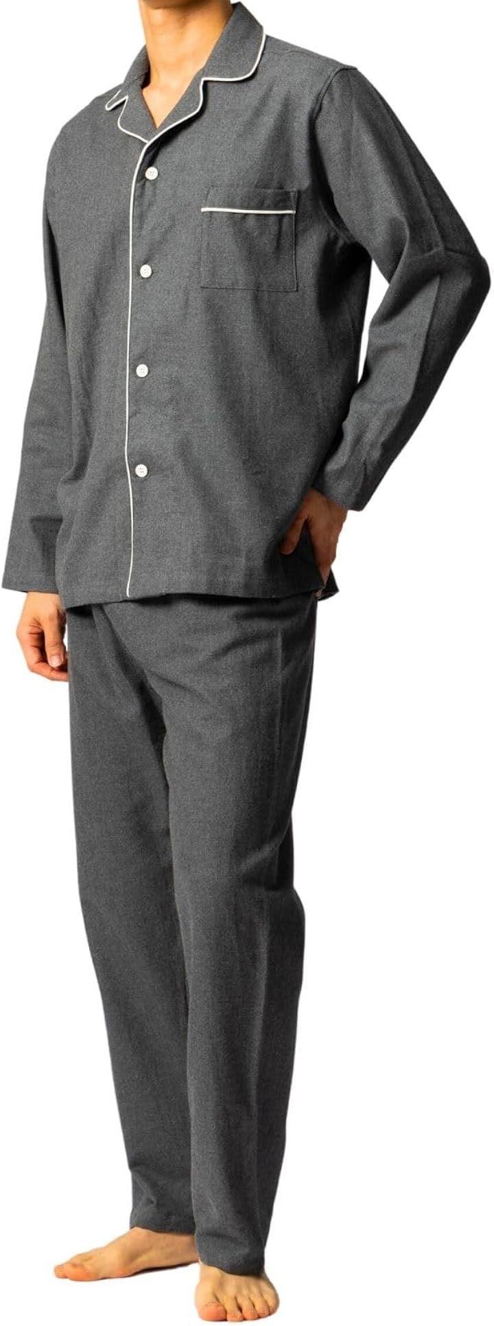 パジャマ メンズ 春 秋 長袖 コットンフランネル 前開き 上着 前閉じ ズボン 薄手 寝巻き パジャマセット 上下セット メンズパジャマ パジャマメンズ( ダークグレー, XL)