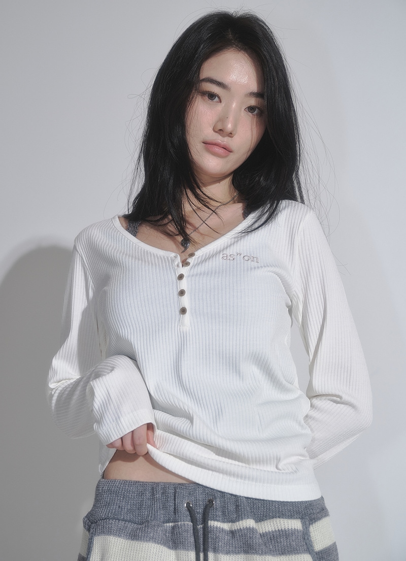 【AS"ON】 WISH RIBBED BUTTON TEE / IVORY 正規品