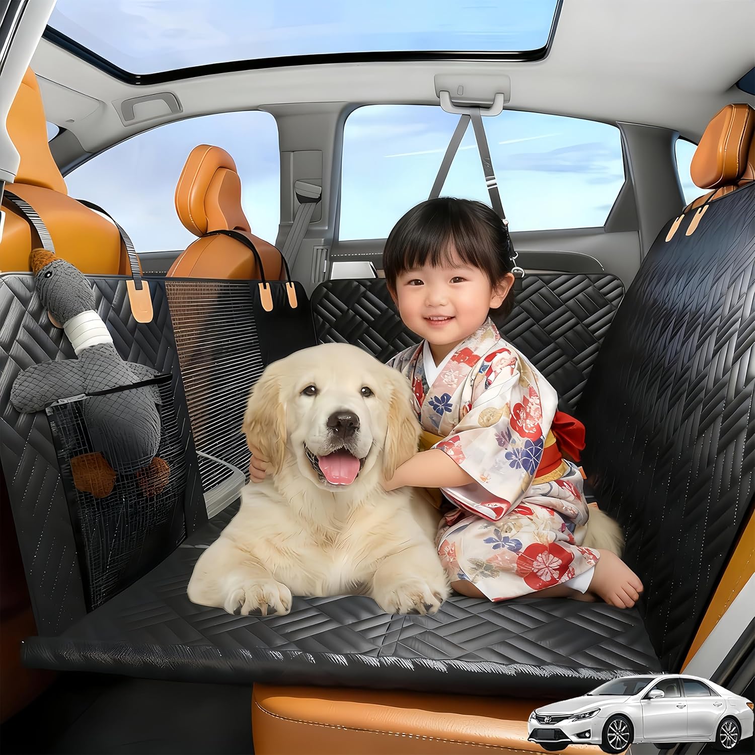 車用ペットシート 硬質ボード8枚入り 両側ファスナー固定 可視メッシュ窓と収納ポケット付き 防水防汚 耐荷重180kg 展開時130×154cm 収納袋付属