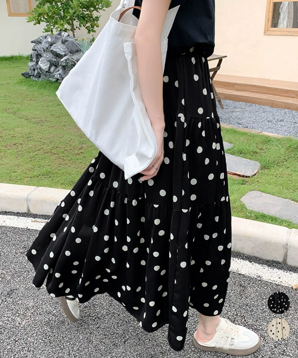 ドット柄 ティアードスカート フレアスカート レディース ハイウエストロングスカート ウエストゴム 着やせ大人可愛いミモレスカート 裏地付きaラインスカート韓国風